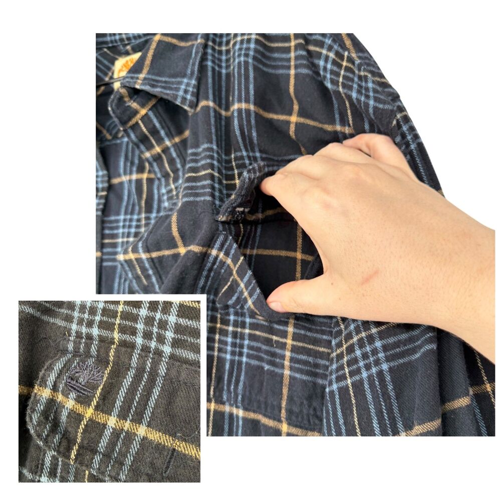 Timberland Button Shirt Men XL Navy Blue Yellow Plaid Cotton Flannel Long Sleeve - Picture 4 of 10